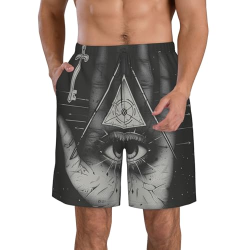 Men's Quick Dry Swim Shorts Hand Eye Occultism Vintage Geometry Black Dark Beach Trunks with Pockets