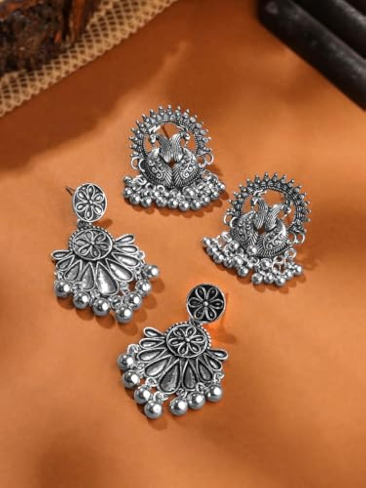 Silver Oxidised Drop Earrings Combo - 2 Pair for Girls