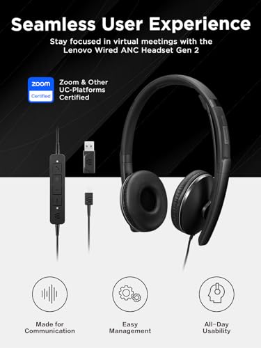Image of Lenovo Wired ANC Headset, USB-C and USB-A connectivity, Zoom Certified, Active Noise Cancellation, Hearing Protection, 145g Lightweight Comfortable Design, Replaceable Earcups, Business Headset