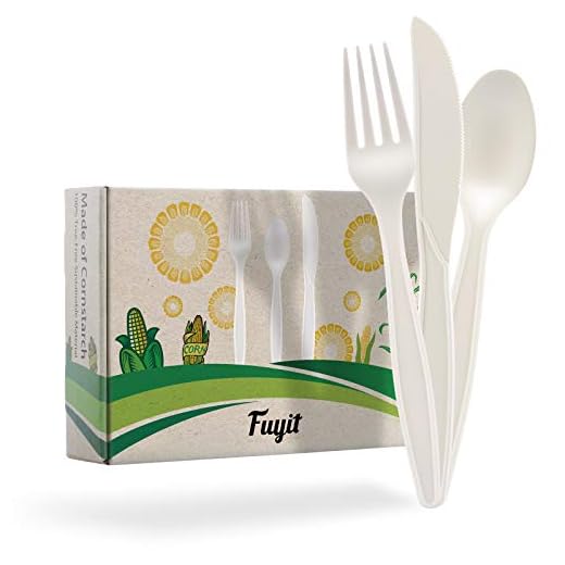 Fuyit 150 Count Compostable Cutlery Set, Disposable Biodegradable Utensils Eco-friendly Durable Cornstarch Flatware Includes 50 Forks, Knives & Spoons for Party, BBQ, Picnic & Potlucks (White)