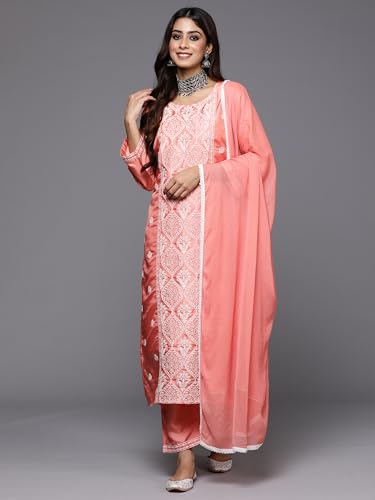 Image of INDO ERA Women's Embroidered Silk Blend Calf Length Straight Kurta Trouser With Dupatta Set (Kh9Ph7570)