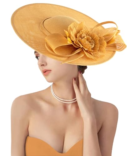 dressfan Fascinator Hat Headpiece for Women Vintage Wedding Mesh Feather Hair Clip 20s 50s Headband Hair Accessories Headwear for Derby/Wedding/Cocktail/Tea Party M3-Yellow