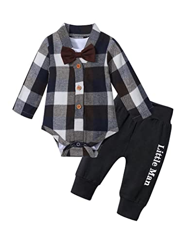 AGAPENG Baby Boy Clothes Newborn Long Sleeve Brown and Gray Plaid Button Romper Short Sleeve Gentleman Romper Little Man Pants Baby Boy Clothes 0-3 Months Fall Winter Outfit Set