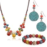 Liliaafar 3 Pcs Boho Hippie Jewelry Set for Women Colorful Ceramic Beaded Necklace and Bracelet Retro Turquoise Dangle Drop Earrings Bohemian Jewelry Gift for Women