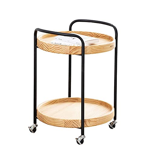 Carrito de 2 niveles con estructura de metal, carrito multiusos de pino, carro de café, carro multiusos con asa, para cocina, baño, oficina