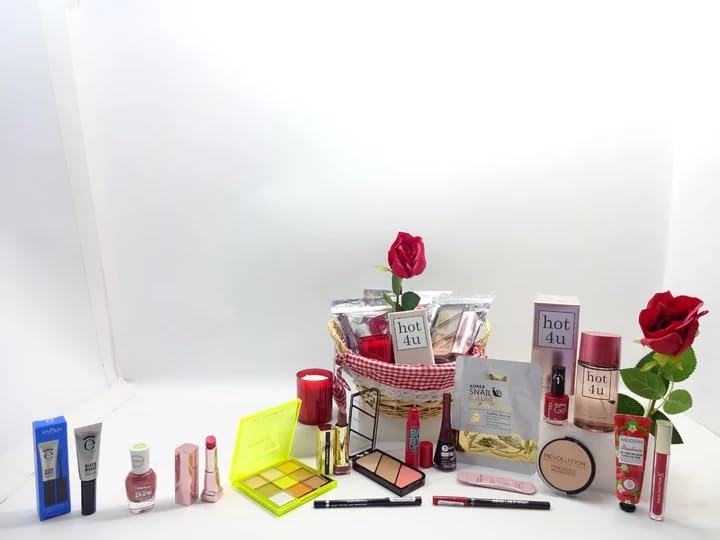 Happy Valentines Day Panier cadeau de beauté 19 pièces pour elle – Panier de luxe pour parfum et maquillage avec rose rouge et bougie parfumée