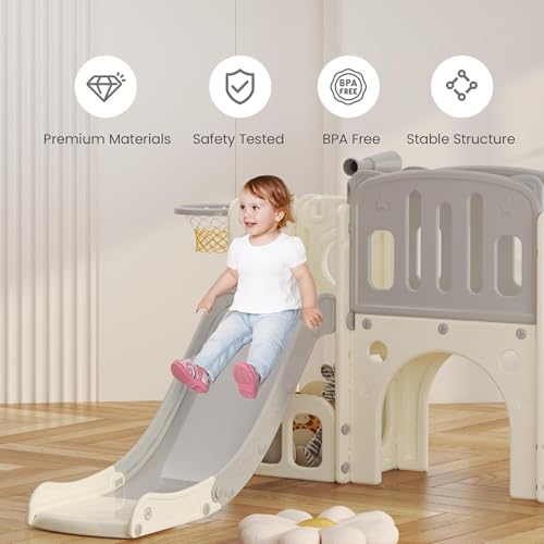 hoopyosms Kinder Rutsche mit Klettergerüst, Basketballkorb und Tunnel, Indoor-Kunststoffrutschenset für Kinder, Montessori-Spielzeug für den Spielplatz, Grau