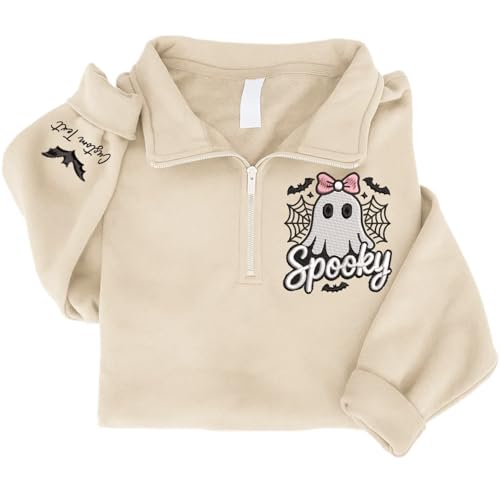 Love Signal Personalized Embroidered Ghost Sweatshirt - Custom Spooky Halloween Quarter Zipper, Shirts for Halloween Parties