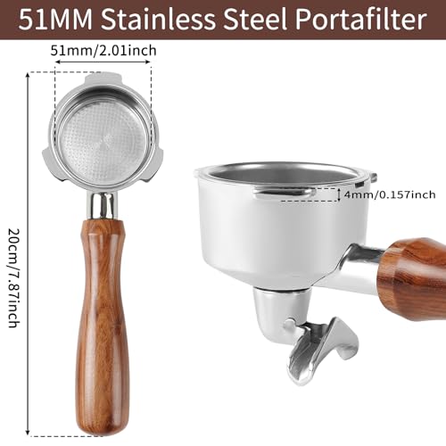 Image of 51mm Full Stainless Steel Portafilter for CASABREWS CM5418 & 3700Essential, 4 mm Thick 3-Ear Design, with Portafilter Basket Removal Tool, Wooden Handle, Compatible for De'Longhi EM450M
