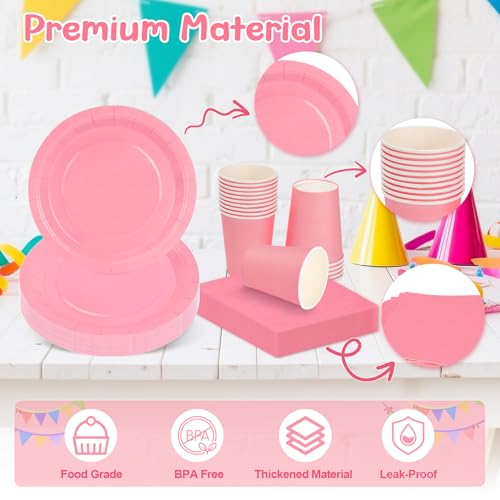 MestectPET 56 sztuk różowych naczyń na imprezy, talerze, kubki i papierowe serwetki dla 16 gości, idealny zestaw obiadowy na urodziny ślub rocznica baby shower grill