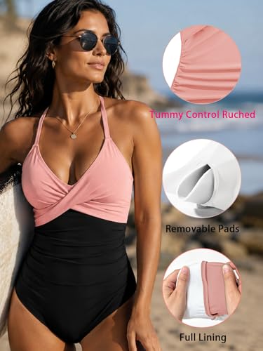 Image of B2prity Women's One Piece Swimsuit Tummy Control Front Cross Bathing Suit | Slimming Ruched ,Tie Back,Wrap Front,Adjustable Straps,Soft Removable Cups for beach, pool and vacation wear