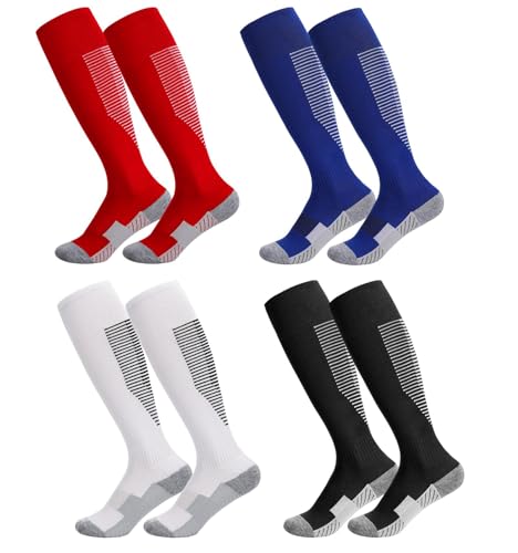 Utensilsto 4 Paar Fußballsocken Kinder 35-38 Sportsocken Lange Fußball Socken Atmungsaktiv Fußballstutzen für Jungen Mädchen von 9-12 Jahren,Rutschfeste Trainingssocken für Fußball Laufen Basketball
