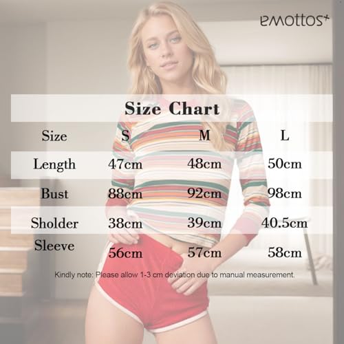 EMOTTOS Mujer Tops de Rayas Y2K, Slim Fit Colorblock Camisetas con Manga 3/4, Cuello Redondo Ajustado Camisa de Rayas de Parches para Salir de Fiesta Clubbing tee Tops para Las Señoras, S