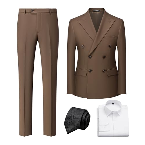 Tuxedo Suits for Men 4 Pieces Suit Peak Lapel Double Breasted Blazer Shirt Jacket Pants Set with Black Floral Tie