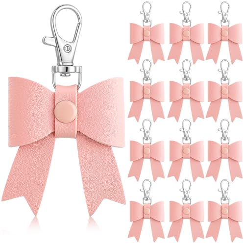 Equsion 12 Pcs Leather Bow Keychain Bulk, Cute Bow Purse Charms with Lobster Clasp, Small Backpack Key Ring Pendant for Women Girls, Bridal Shower Baby Shower Decoration(Pink)