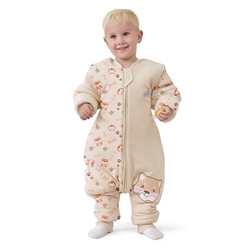 MIKAFEN Saco de Dormir para bebé de Manga Larga con pies 3,5 TOG Invierno, Saco de Dormir de Invierno para niños con piernas, Marrón Claro Cachorro de 85-95 cm