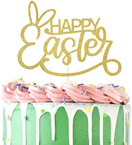 Easter Birthday Cake Topper - Happy Easter Themed Cake Decorations - Happy Easter For Gold Rabbit Cake Flag - Best Photo Booth Prop (Easter 2)