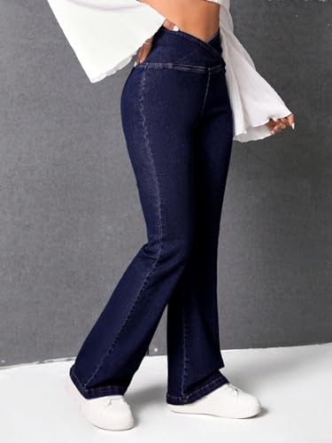 LifeShe Women's Crossover Flare Jeans Casual Bell Bottom High Waist Bootcut Denim Pants4