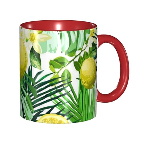 大きな常緑の葉のレモン マグカップ 旅マグ コーヒーカップ Red セラミック 330ml 陶器 食器 耐熱 水筒 プレゼント