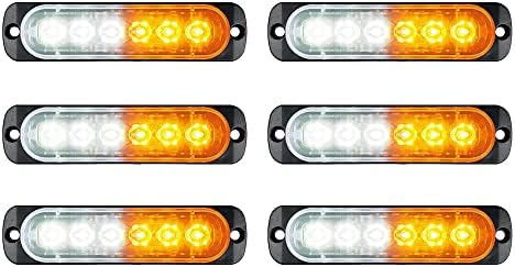 MUALIK 6pcs Ultra Slim 6-LED Flashing Strobe Lights for Truck Car Vehicle,Sync Feature,white amber led strobe light