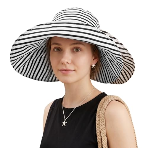 Sombrero de sol femenino con ala ancha y rayas, plegable