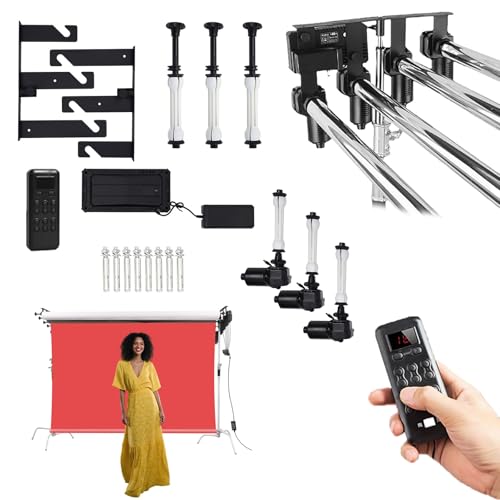 XIVUIFOI Photography Background Roller Support Systems,Ceiling & Wall Mounted Motorized Photo Background Kit w/Remote Control,Electric Roller Backdrop Holder (3 Roller)