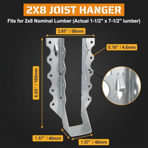 Image of 25 Pack 2x8 Joist Hangers, 18 Gauge Galvanized Face Mount | Wood connectors for rafters, beams and framing projects; suitable for decks, floors and pergolas.
