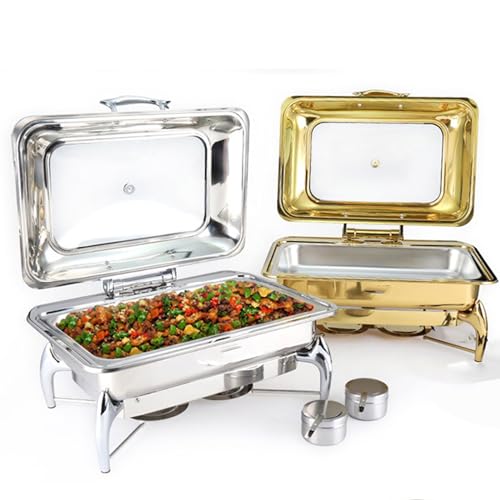 Servidor De Buffet De Acero Inoxidable 10L - Juego De Platos Rectangulares con Tapa De Vidrio, Bandeja De Agua Y Soporte De Combustible para Bodas, Banquetes, Fiestas