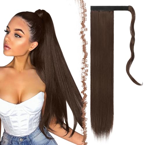FESHFEN Cola de Caballo Extensiones 60 cm Largo Liso Postizos de Pelo Natural Sintética Ponytail Extensiones de Cabello Coleta Postizos para Mujeres, Marrón Medio