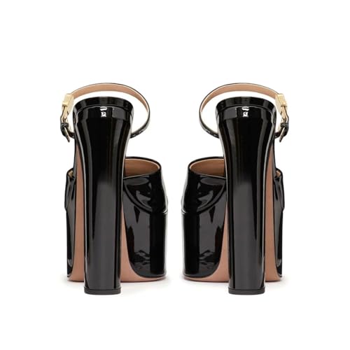 Sexy Black shiny Leather Platform Mules Round toe Pull-on Super high heel slides-sandals Chunky heeled Slippers Large size Peep toe slippers2