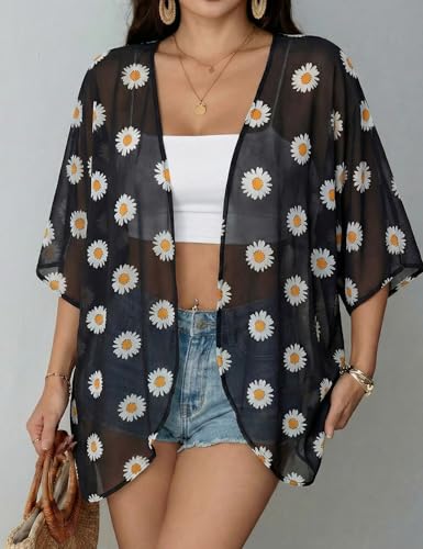 Image of Chunoy Women Floral Beach Wear Cover Up Chiffon Kimono Cardigan Open Front Blouse Top