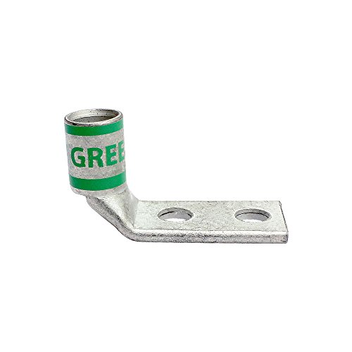 Huya UL Listed LB015678A-250 Code Conductor Lug, Two Hole, Long Barrel, 90 Degree Angle, #1 AWG Copper Conductor Size, Green Color Code, 5/16'' Stud Hole Size, 0.88