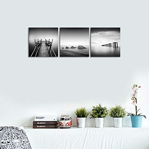 Artsbay 3 Piece Black And White Beach Pier Seascape Canvas Print Stone Wooden Jetty Picture Horizon Landscape Painting Wall Art Decor Framed For Home Office Bedroom Decoration Each Size 12" X 12" #TOP2