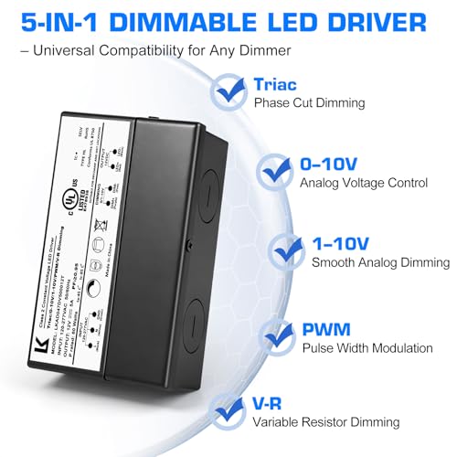 Image of 12V 60W Dimmable LED Driver, 5-in-1 Triac /ELV /MLV /0-10V /1-10V /PWM Dimming LED Transformer, Compatible with Lutron & Leviton Dimmer, Constant Voltage Power Supply, UL Listed, Class 2, IP67 Waterproof