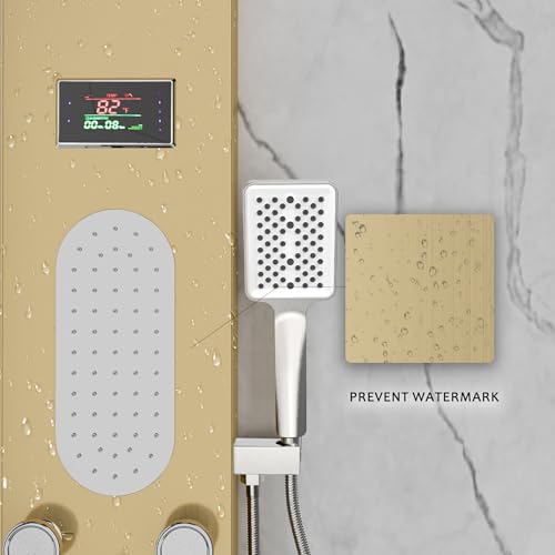 Image of ELLO&ALLO LED Shower Panel Tower System, Rainfall and Mist Shower Head Rain Massage with Body Jets, Brushed Gold