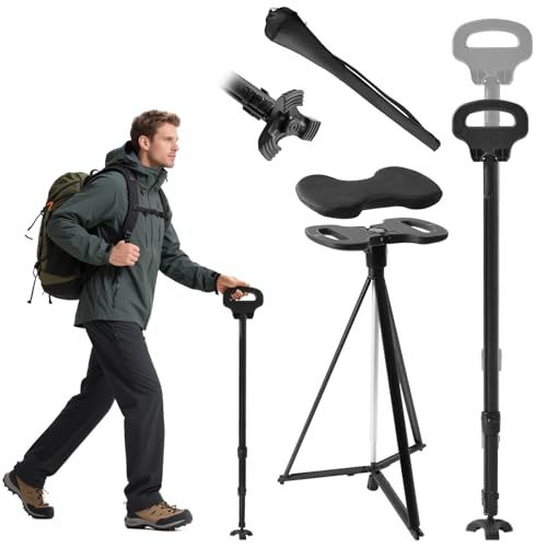 DENMOSTY Höhenverstellbarer Gehstock mit Sitz, Klappbarer Sitzstock 150 kg mit Kissen für Erwachsene & Senioren, Tragbar Spazierstock Stock Wanderstock mit Sitz Faltbar Gehstocksitz Outdoor Reisen