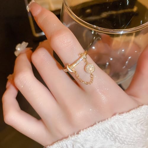 CZ Round Chain Promise Statement Ring for Women Silver Gold Plated Dainty Crystal Disc Tassel Dangle Drop Open Wrap Finger Rings Adjustable Comfort Fit Fashion Wedding Birthday Holiday Jewelry2