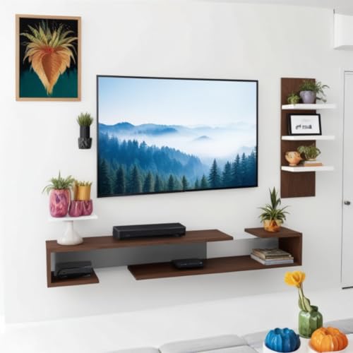 Image of MDF Wood Wall Mounted TV Unit, TV Stand Cabinet for 24 to 65 inches Smart TV (O Tv Cabinet, Brunette Wenge White)