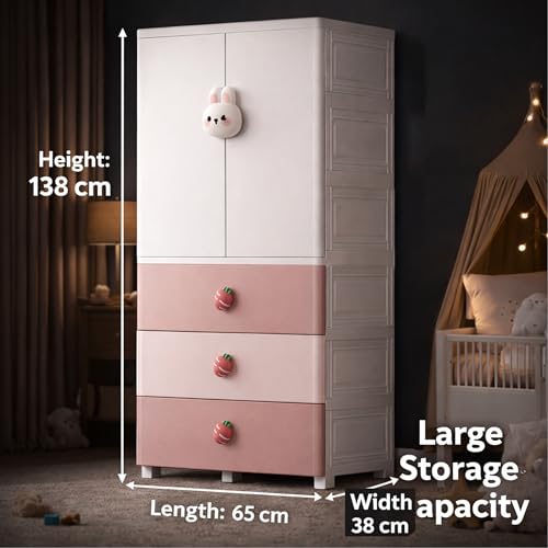 Image of AYSIS Kids Plastic Collapsible Wardrobe Organizer for Storage with Drawers | Cute Cartoon Design | Heavy Duty Cloth Organizer for Storage | Easy to Assemble | Perfect for Kids Room & Home | Pink