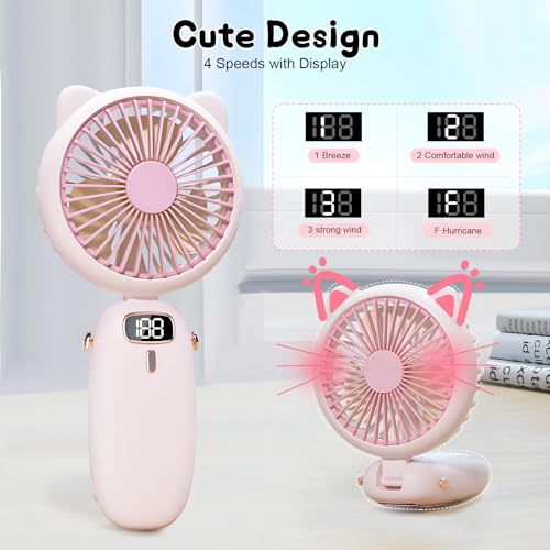 Handheld Fan Mini, Cute Hand Fan Portable, Powerful USB Rechargeable Fan with 4 Speeds and LED Display for Kids Women, Battery Small Electric Hand Held Fans Folding for Desktop/Office/Travel-Pink