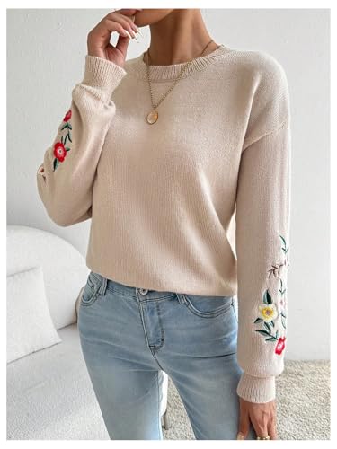 SOLY HUX Women's Floral Embroidery Sweaters Crew Neck Drop Shoulder Long Sleeve Knit Sweater Pullover Fall Tops4