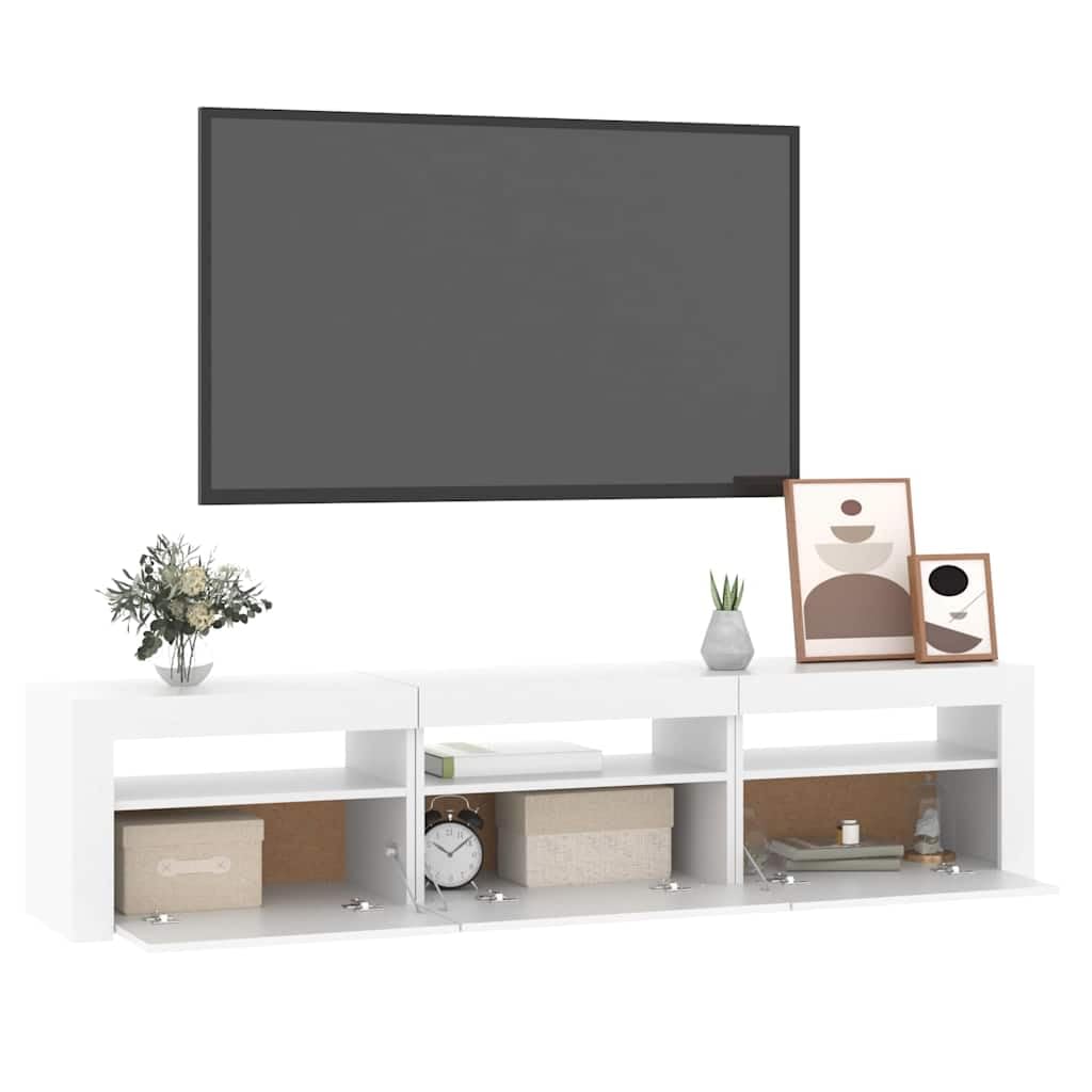 Mueble de TV de Madera con Luces LED RGB, Gran Espacio de Almacenamiento, Adecuado para Salón y Dormitorio, Diseño Moderno, Color Blanco, 180 x 35 x 40 cm