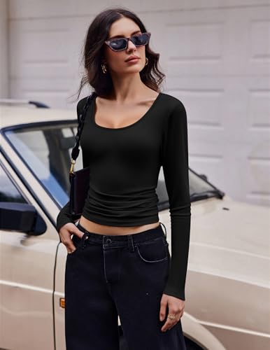 Ekouaer 3 Pack Long Sleeve Shirts for Women Scoop Neck Ribbed Thermal Tops Slim Fit Basic Undershirts XS-XXL2