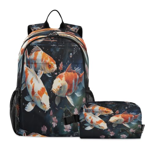 Sac à dos étudiant enfants garçon avec sac à lunch poissons dorés lotus