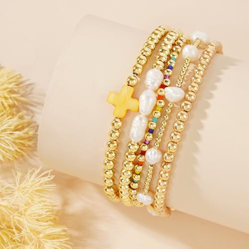 14K Gold Plated Pearl Beaded Cross Bracelets Stack Set for Women,Stretch Boho Colorful Christian Beads Ball Jewelry Friendship Summer Trendy Gift2