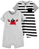 Carter's Baby Boy's 2 Pack Cotton Romper Creeper Set (Black Stripe/Heather/Red Crab, 3 Months)