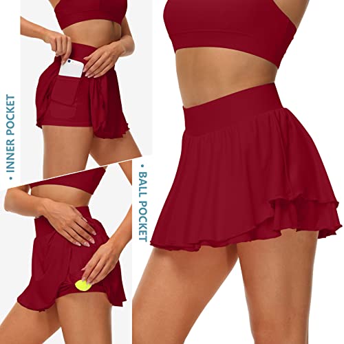 Image of UrKeuf Women's Athletic Tennis Skirts with Pockets 13in Ruffle Golf Running Workout Ice Silk Flowy Skorts with Sports Shorts