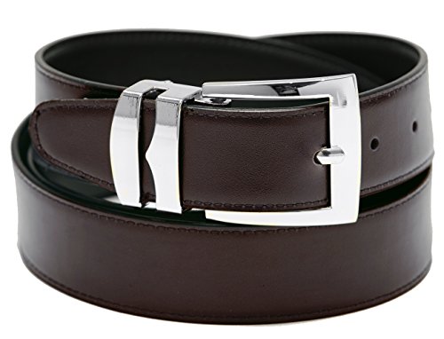 Men's Belt Reversible Wide Bonded Leather Silver-Tone Buckle BROWN/Black