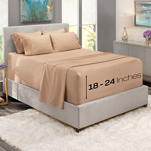 Image of Hearth & Harbor Luxury Soft 6 Piece Bed Sheet Set Extra Deep Pocket Fitted Sheets Fits Mattress up to 21 inch, Double Brushed Bedding, Queen, Taupe