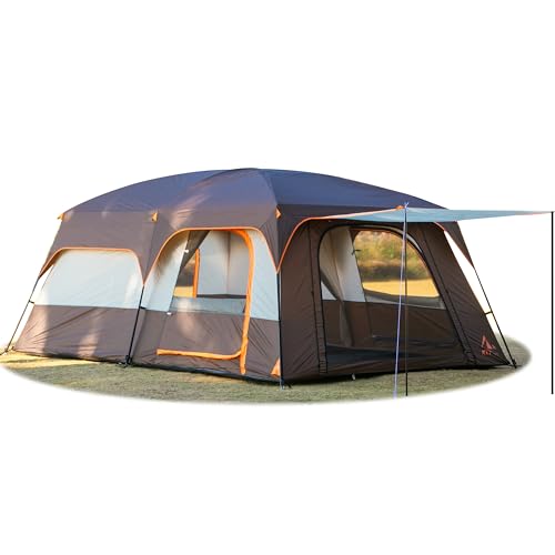 KTT Extra Large Tent 14 Person,Family Cabin Tents,2 Rooms,Straight Wall,3 Doors 3 Windows with Mesh,Waterproof,Double Layer,Big Tent for Outdoor,Picnic,Camping(Brown)